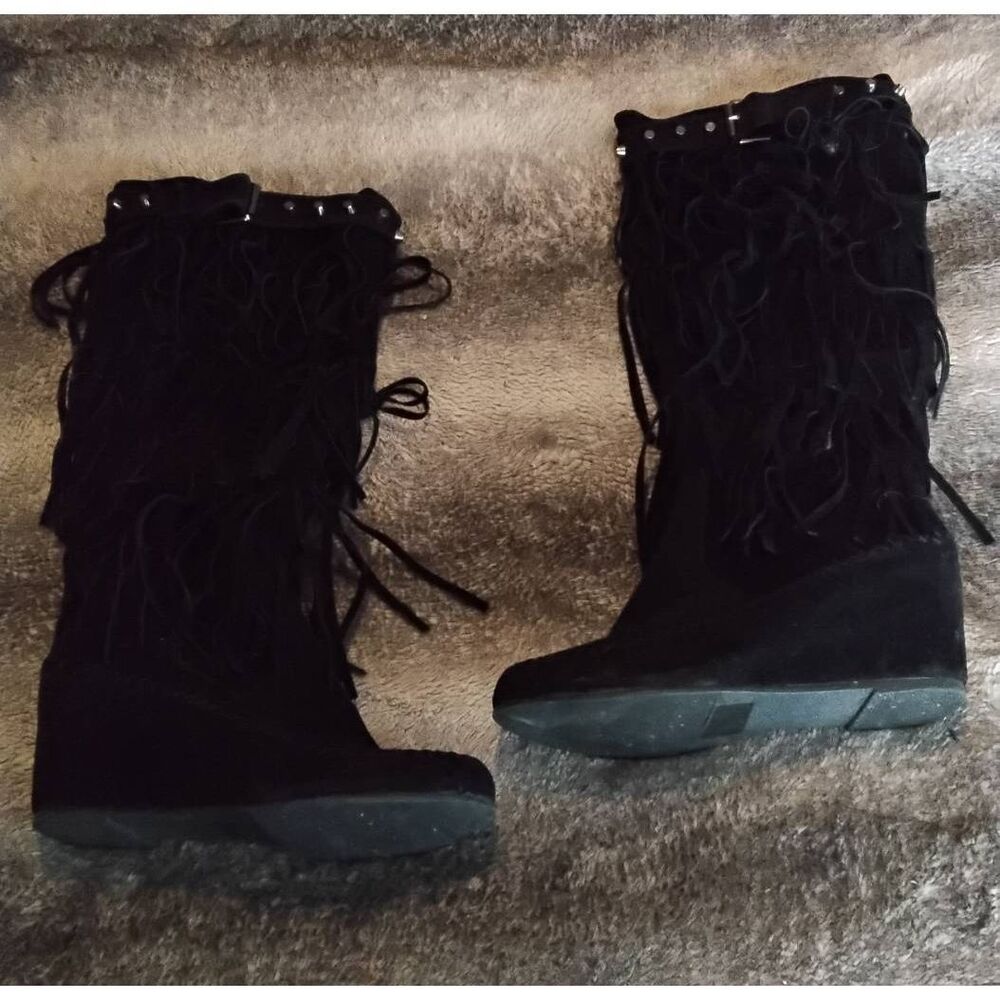 Trendy Black Suede Fringe Studded Mocassin Knee High Wedge Boot Sz 8.5M